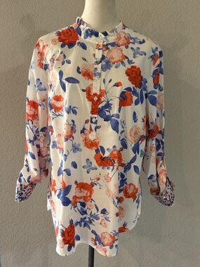 Talbots Floral Blouse Womens XL Orange Blue Cotton Shirt Ruffle